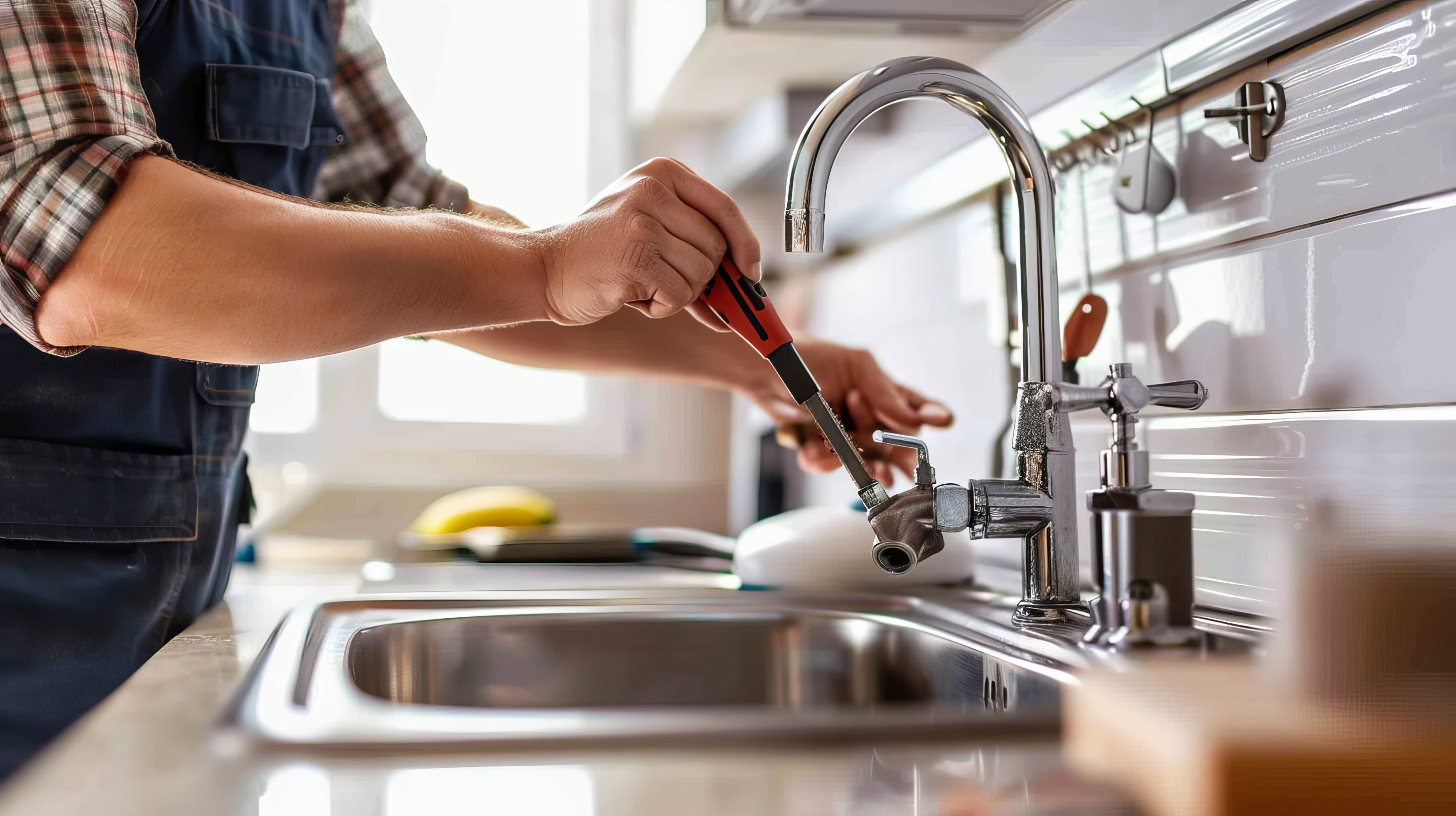 En kvartersvärd byter ut blandare i köket